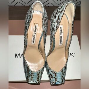 Manolo Blahnik Teal Snake-Print Open-Toe Stiletto Heels
